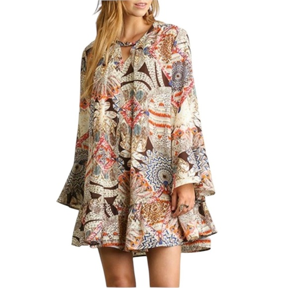 Umgee Dresses & Skirts - Umgee Boho Dress SM Tiered Tunic Flowy Bohemian Bell Sleeves Babydoll Oversized